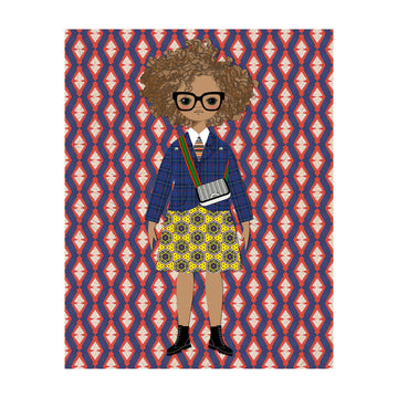 Illustration of Ruth Carter wearing glasses and a blue jacket on a patterned background